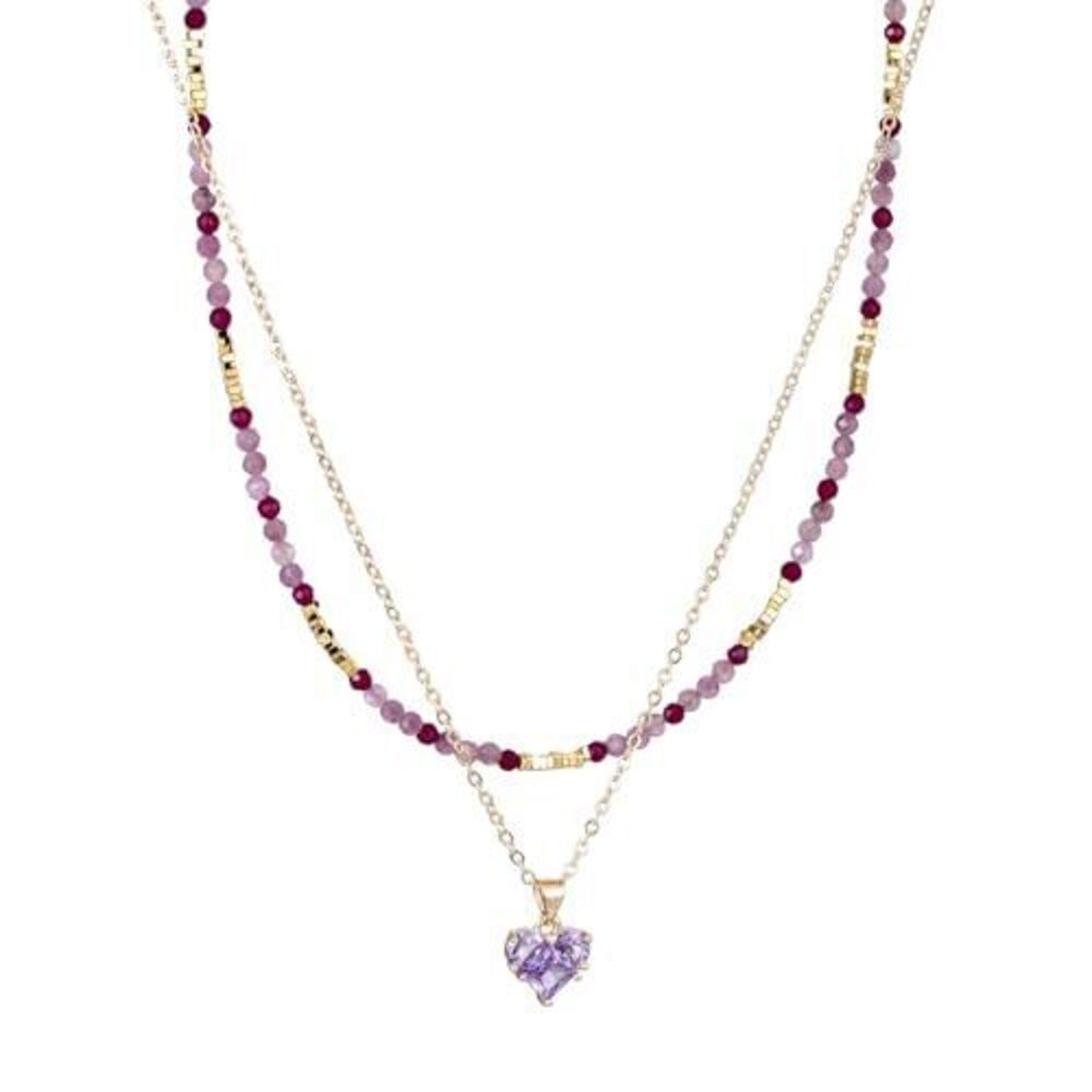 7773 18K Gold Plated Heart Necklace Genuine Amethyst & Red Corundum Beaded